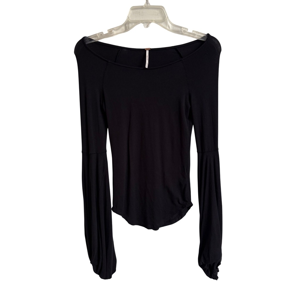 Free People Black Dramatic Blouson Sleeve Scoop Neck Top XS Boho Whimsygoth